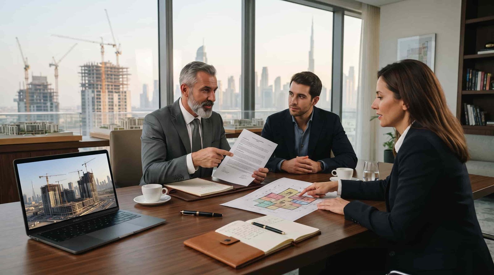 Buyer discussing off-plan property resale and transfer documents in Dubai