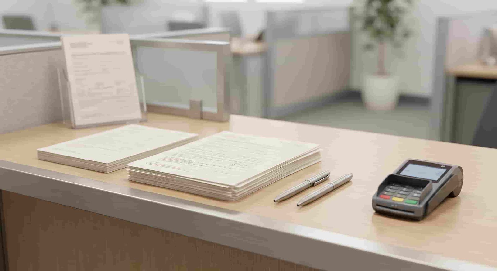 Desk at a trustee office with sale papers and pens