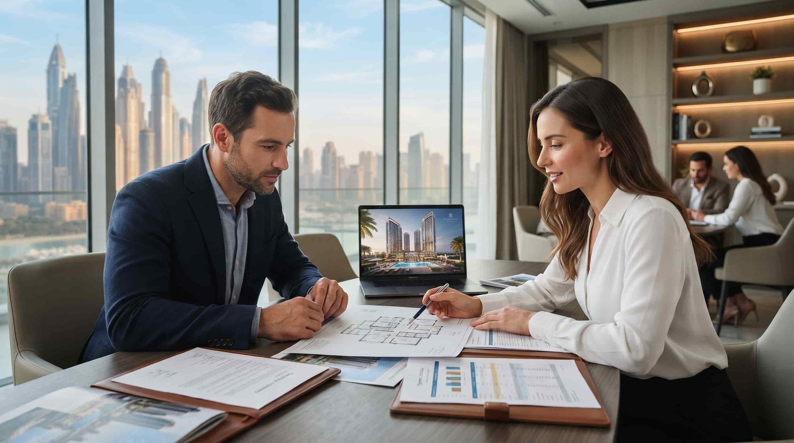 Buyer reviewing Dubai off-plan property documents with a real estate consultant