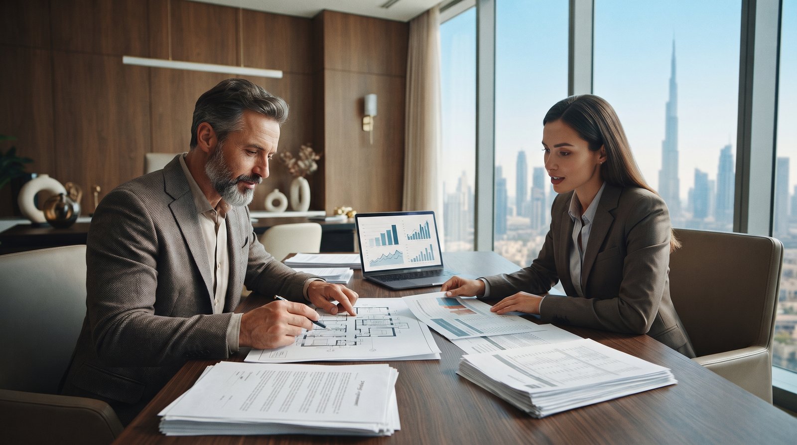 Buyer reviewing Dubai property documents and transaction information