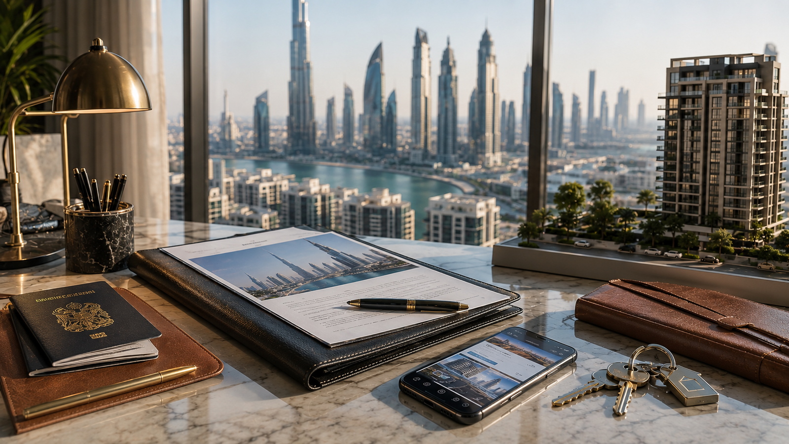 Property documents and digital verification setup representing Dubai real estate regulation and visa updates for investors