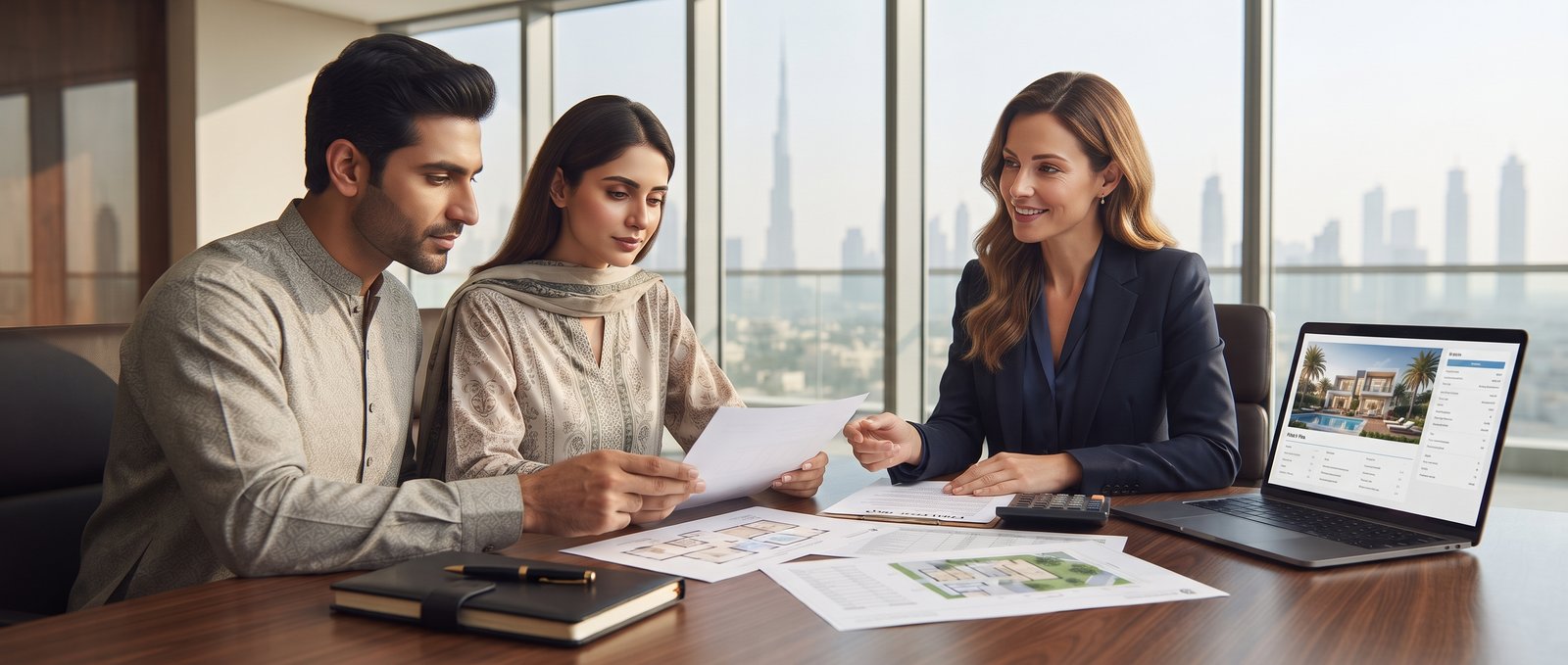 Pakistani buyers reviewing a Dubai villa purchase
