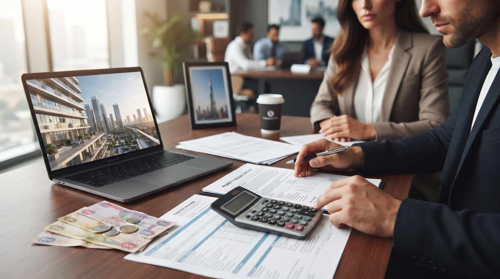 Buyer reviewing off-plan property fees and payment documents in Dubai