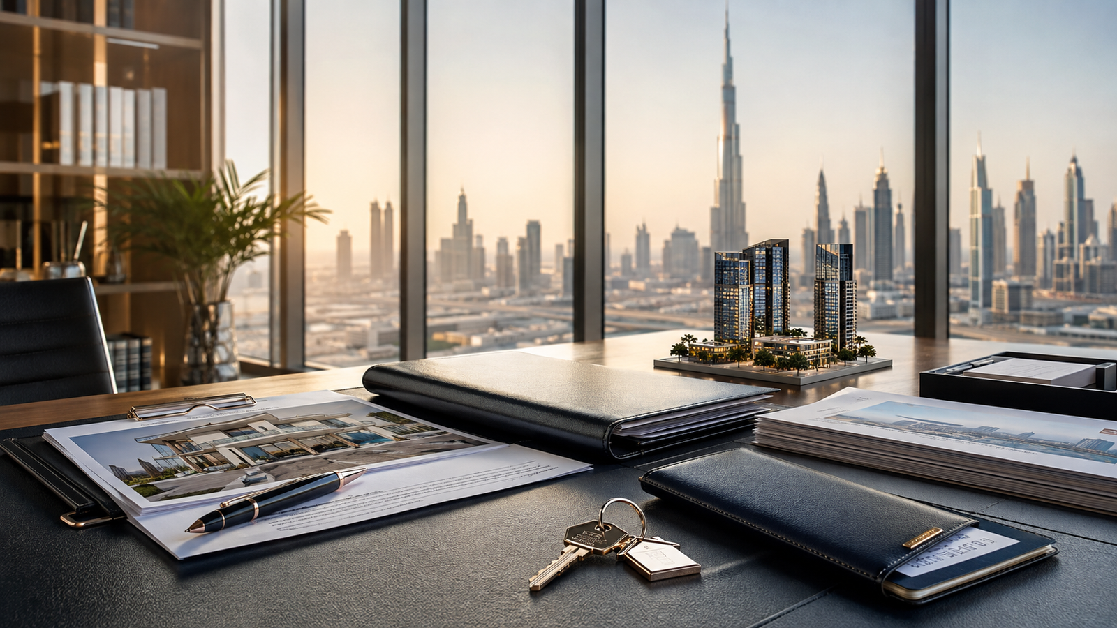 Property investment documents and Dubai skyline representing Golden Visa eligibility through real estate purchase