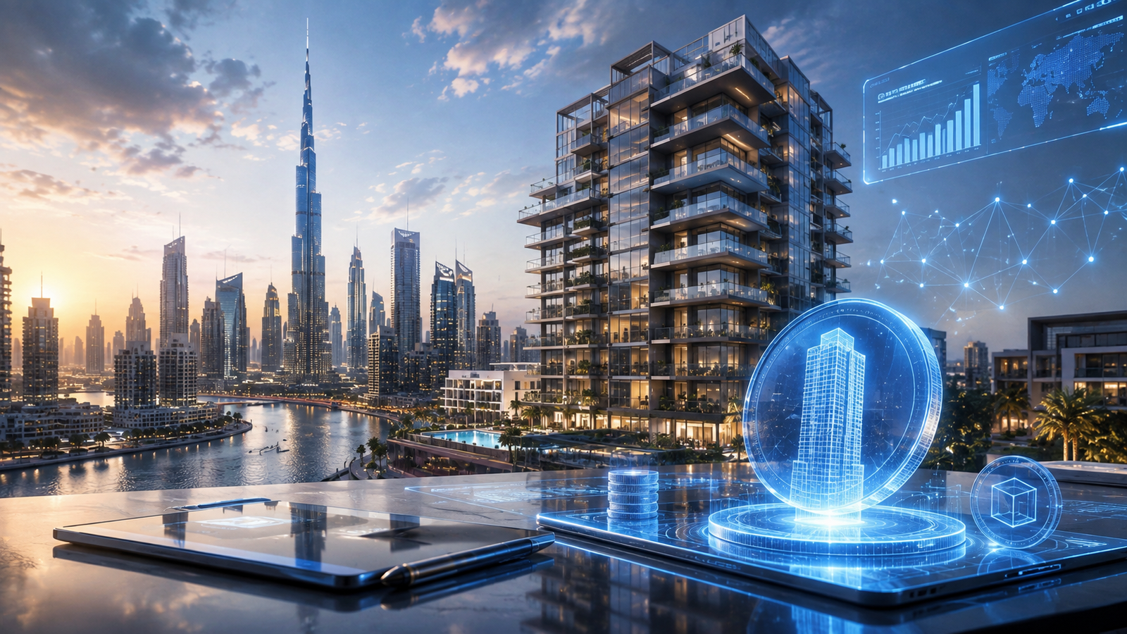 Dubai property and digital token concept illustrating real estate tokenization and fractional ownership innovation