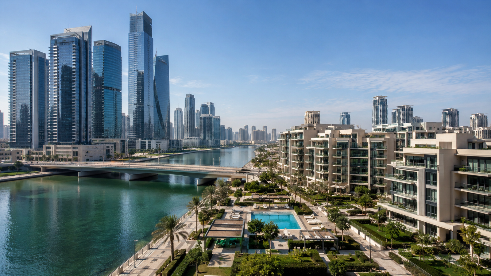 Modern Dubai apartment communities representing top investment areas such as Business Bay, JVC, and Dubai Marina