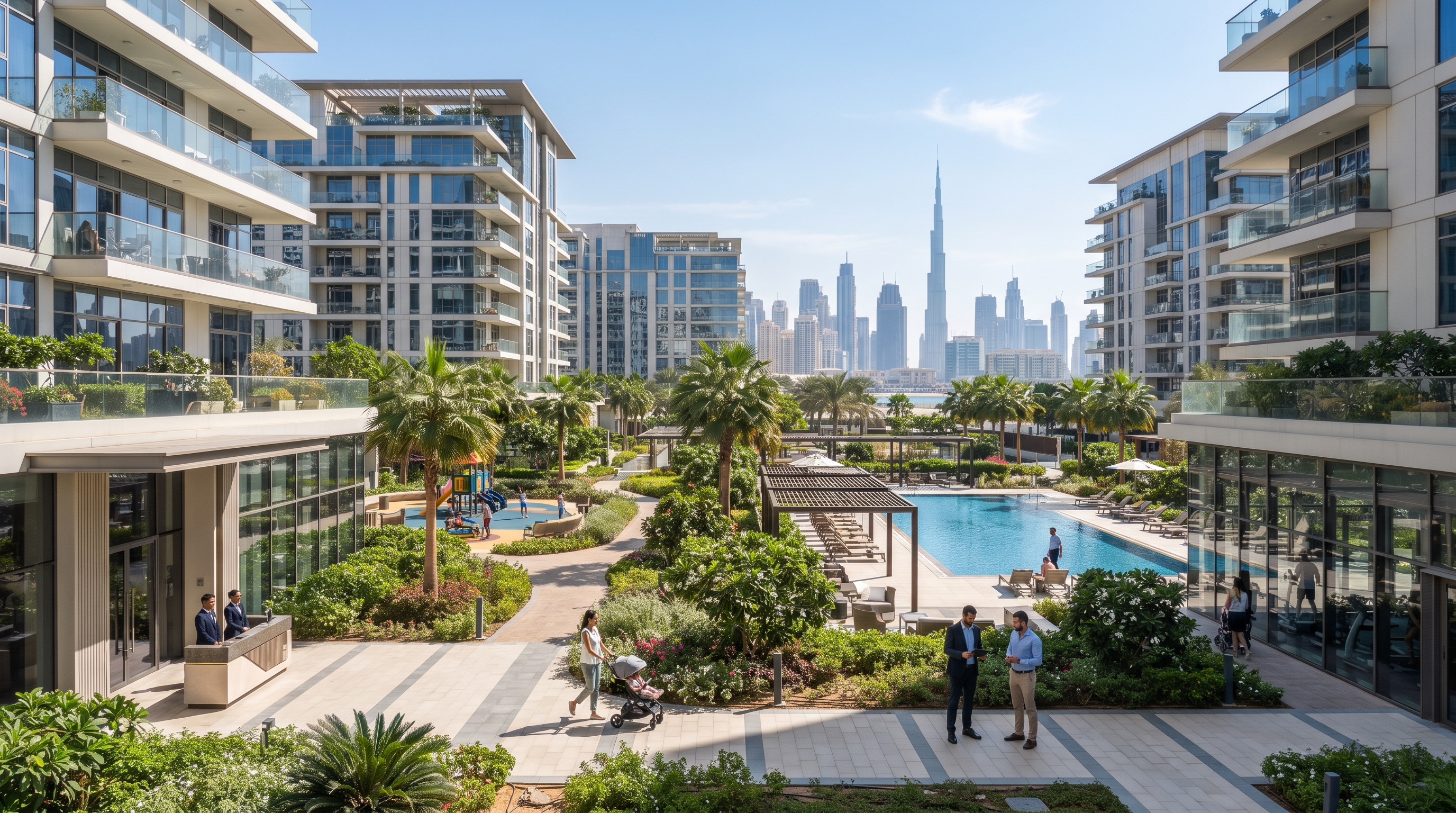 Dubai apartment buildings representing annual ownership costs such as service charges and maintenance